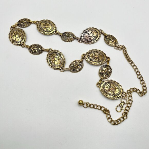 VTG 70s Gold Tone Medallion Concho Chain Waist Belt Boho Hippie Festival 26-40” main image 7